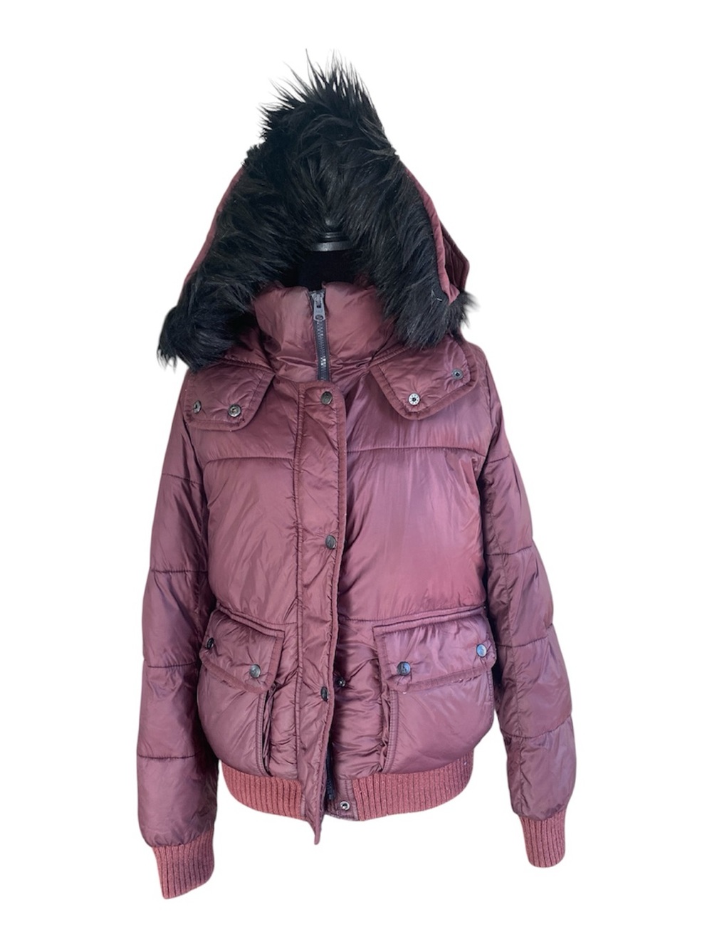 Abercrombie & Fitch Y2K Puffer Jacket Womens M Burgundy Faux Fur Hood Fleece